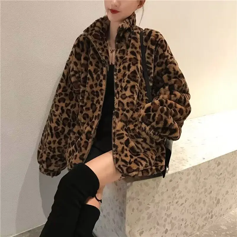 

Fashion Winter Women's Casual Leopard Print Zipper Short Coat