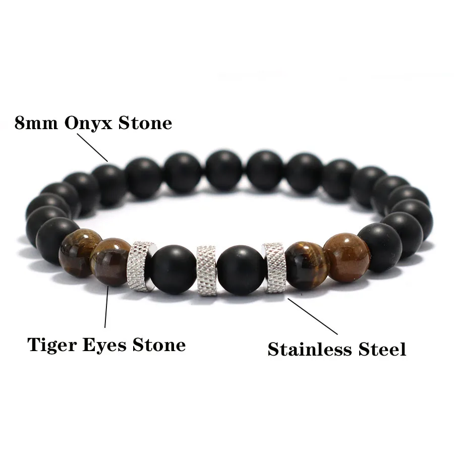 Mens Onyx Tiger Eyes Lava Rock Stone Beaded Bracelet