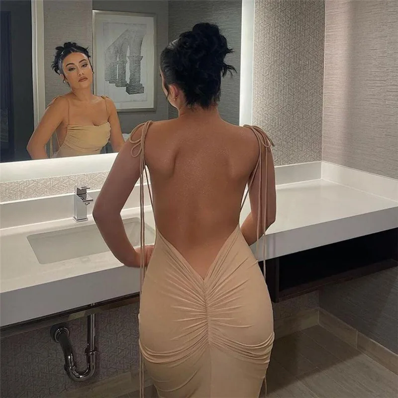 

Women's Sexy Backless Ruched Maxi Dress Women Elegant Holiday Vestido Sling Dresses Spring Fashion Lady Party Club Clothes Y2k
