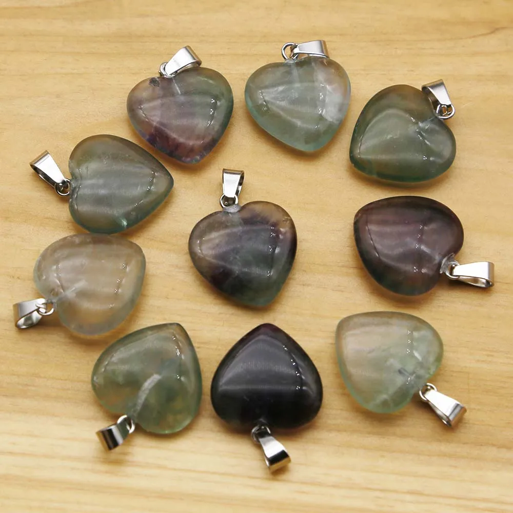 20MM High Quality Natural Stone Fluorite Heart Necklace Pendants Mineral Healing Charms Jewelry Gift Accessories Wholesale 30Pcs