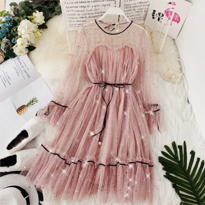 

Women Dress Stars Sequined Mesh Shiny Fairy Dress Women Elegant Bling Gauze Princess Puff Dresses Actual Photo Of Long Dress