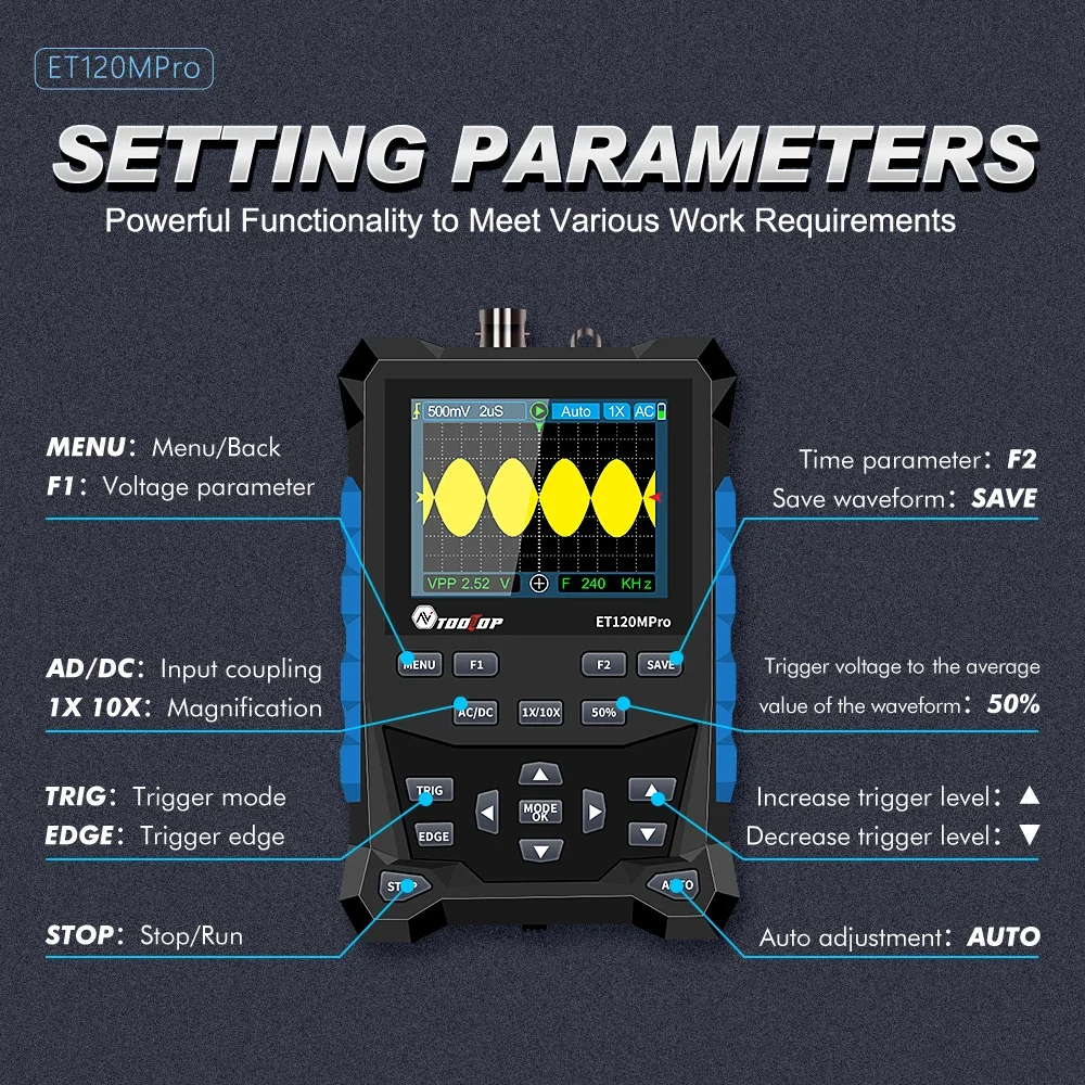 TOOLTOP ET120MPro 120MHz Portable Oscilloscope 500MS/s Fast Sampling Rate Signal Sources 2-in-1 Auto Mini Oscilloscope 6