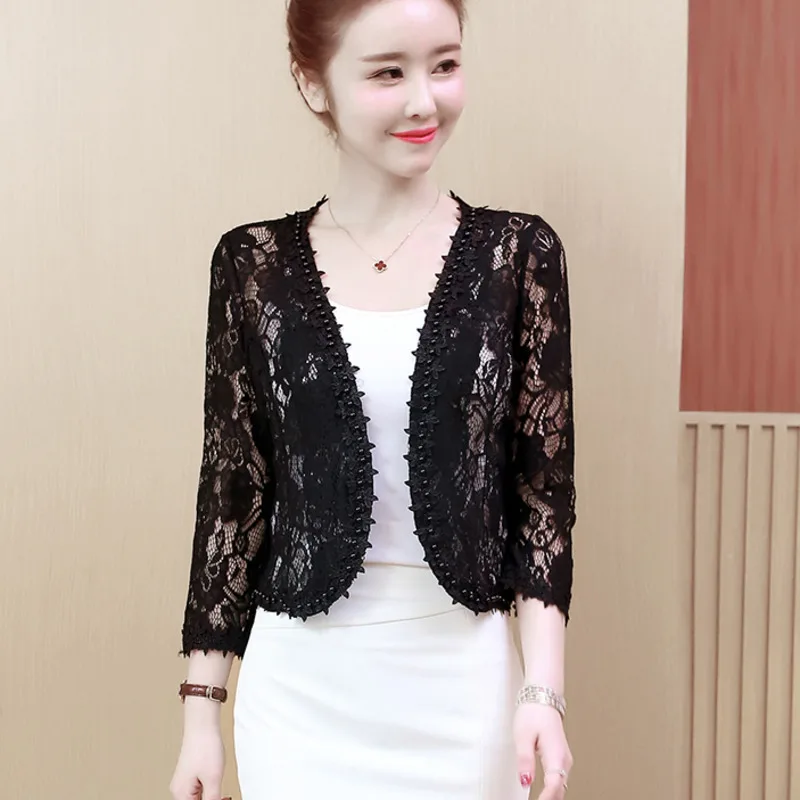 #5363 Summer Black White Red Short Lace Jacket Women Thin Sexy Perspective Ladies Jackets Vintage Cardigan Kimono Coat Female