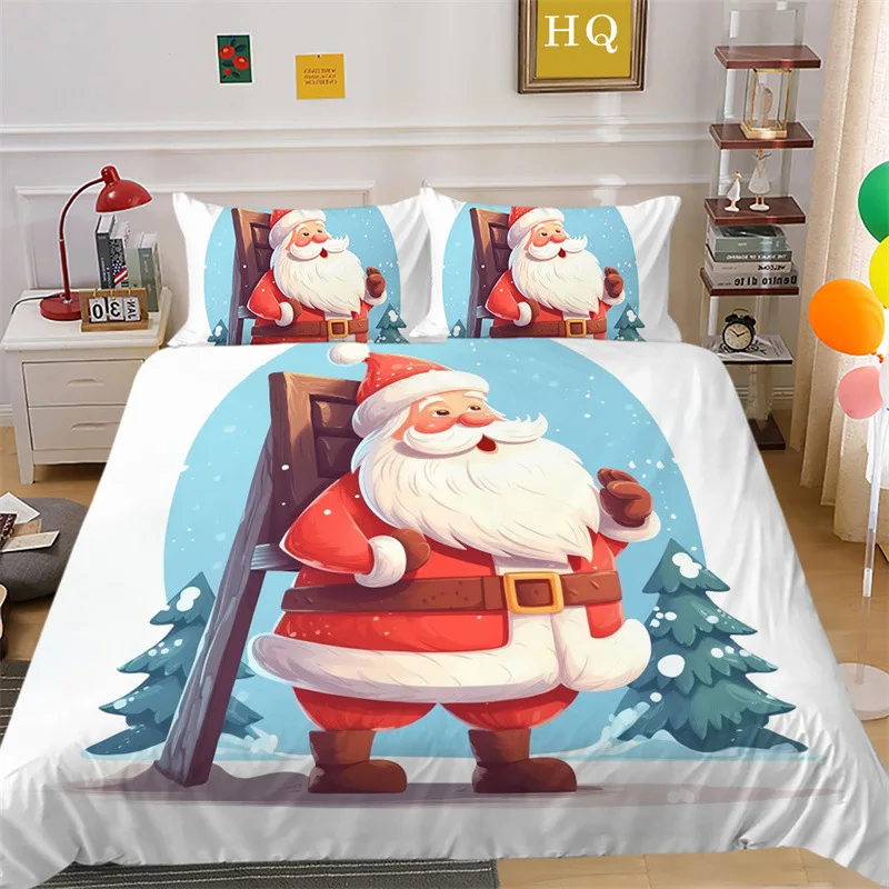 Merry Christmas Bedding Set Queen Double King Full Size Bedroom Decor Santa Claus Red Quilt Cover Pillowcase Kid Adult Bed Linen