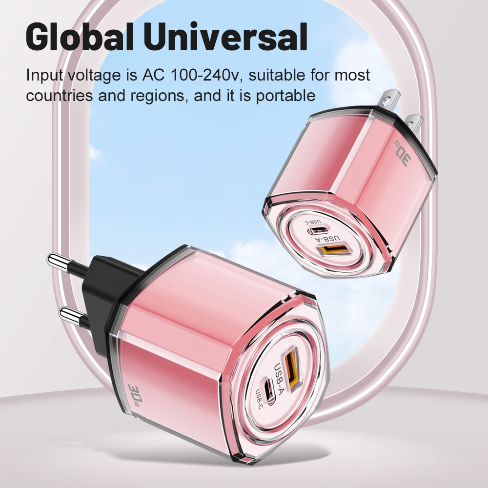 USB PD Charger Transparent Quick Charge3.0 Fast Wall Charging Mobile Phone Adapter For iPhone Cable For Xiaomi Ultra Type C Phon