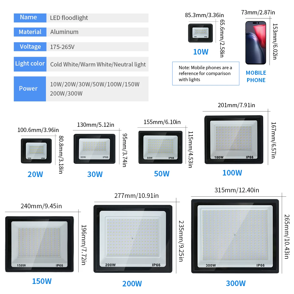 LED Flood Light IP66 Waterproof AC220V 10W 20W 30W 50W 100W 150W 200W 300W Spotlight Garden Street Gate Wall Floodlights Outdoor - 6