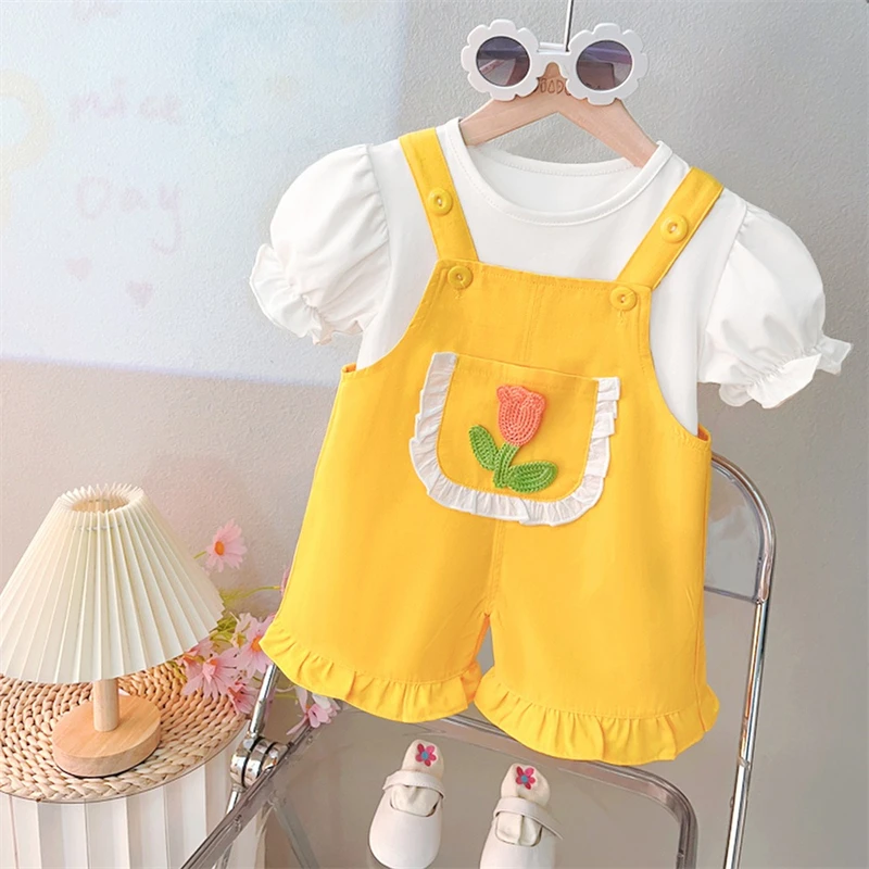 

Children Summer Clothing Sets for Baby Girls T Shirt Floral Overalls 2 Pieces Suit Kids Princess Clothes Toddler Infant Outfits
