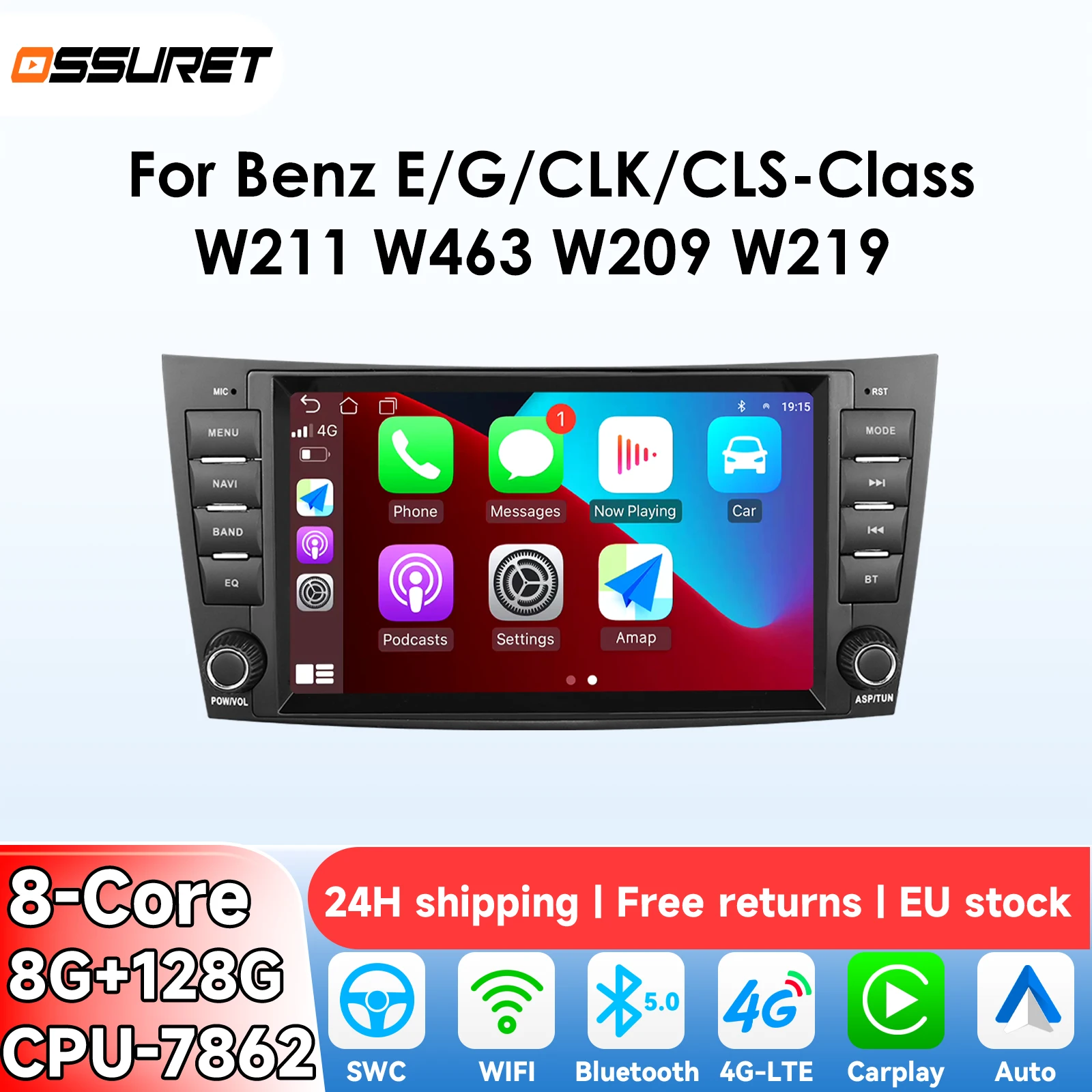 OSSURET Radio de coche inalámbrico de 8 pulgadas con Carplay y Android Auto para Benz Clase E/G/CLK/CLS W211 W463 W209 W219, reproductor multimedia GPS con vídeo 4G 1