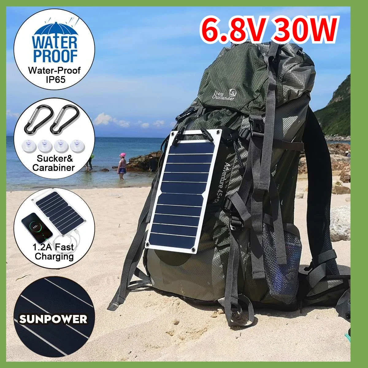 

Solar Panel 30W With USB Waterproof Outdoor Hiking And Camping Portable Battery Mobile Phone Charging Bank 6.8V