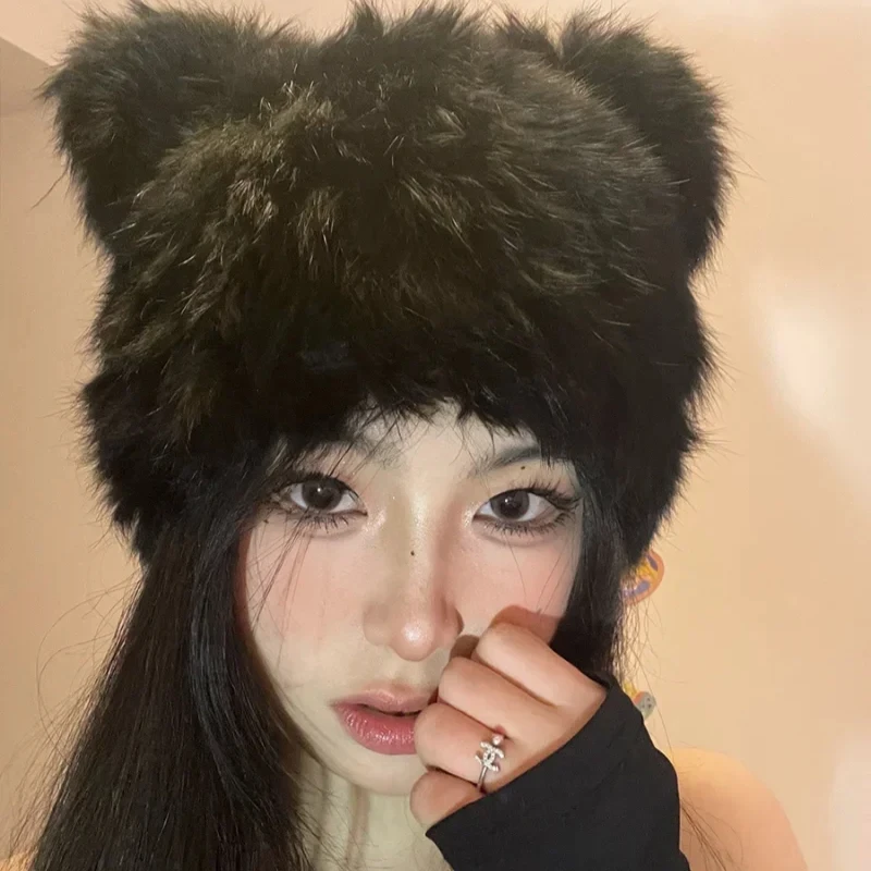 Black Bear Ears Rabbit Hair Beanies Cap Y2K Autumn and Winter Fashion Versatile Cute Plush Pullover Hats for Women and Men 4