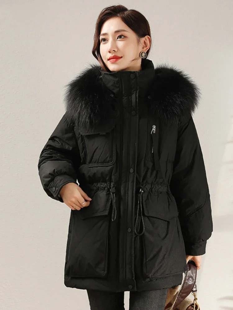 2023 Real Raccoon Fur Collar New Winter Women Pocket 90% White Duck Down Jacket Female Thick Warm Parka Loose Outerwear