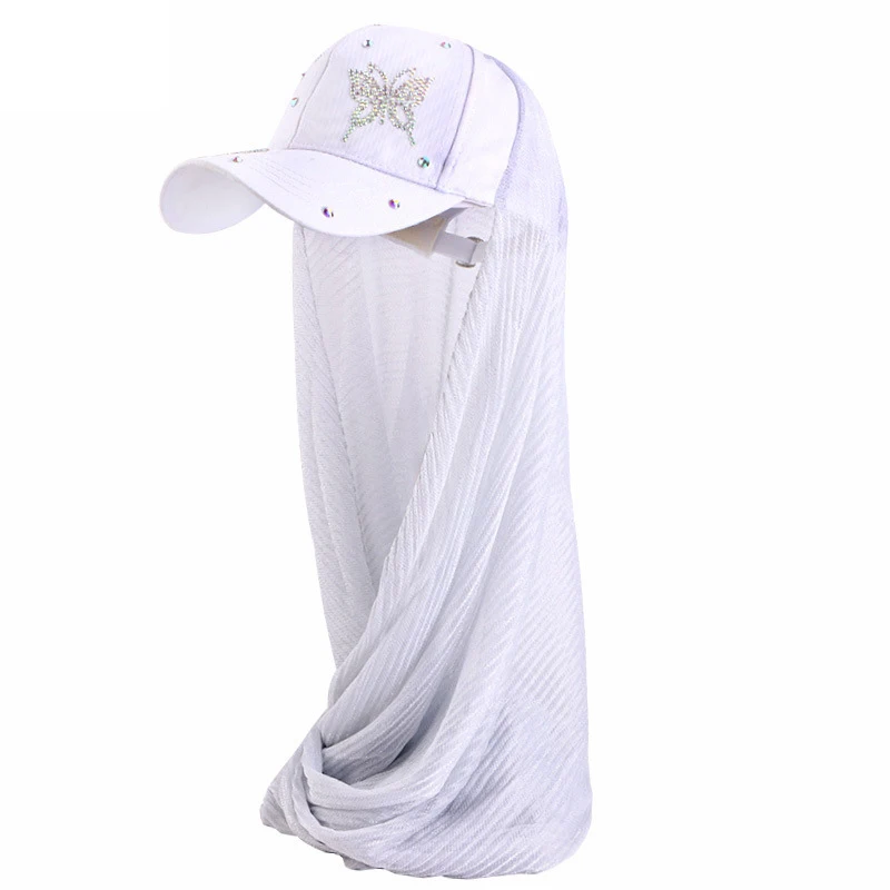 

Muslim Women Mesh Hijab with Base Ball Cap Diamonds Butterfly Sports Hijabs Ready To Wear Instant Shawl Wrap Bonnet Headscarf