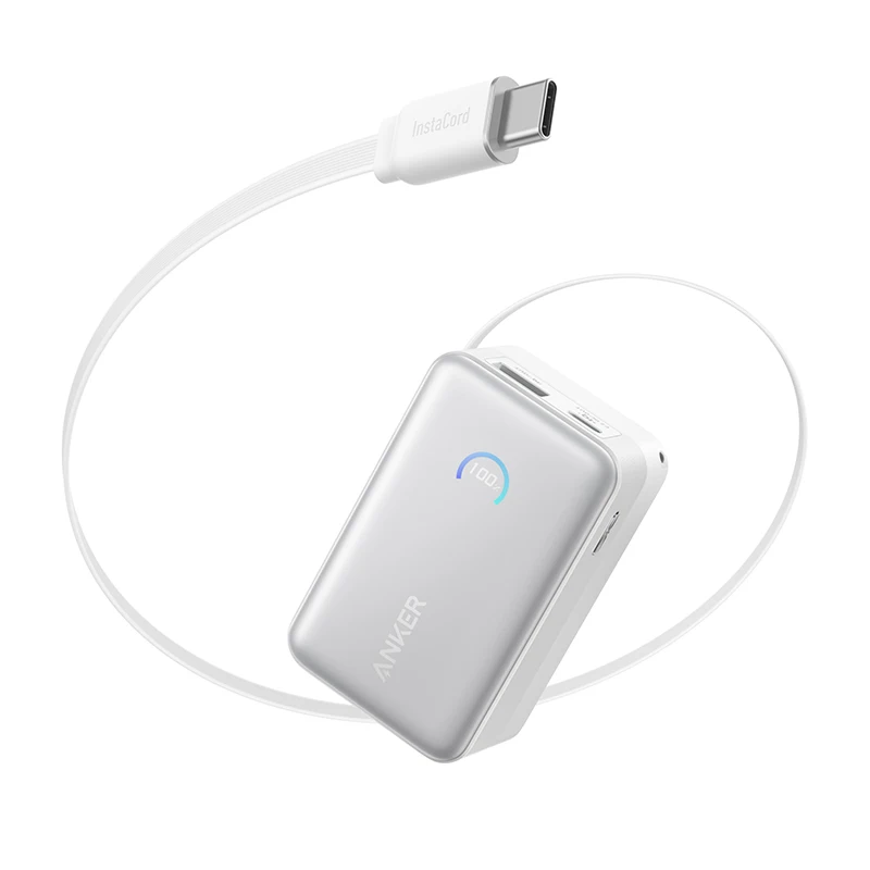 Anker Nano Power Bank شاحن محمول 10,000 مللي أمبير في الساعة مع كابل InstaCord قابل للسحب بطول 2.3 قدم 45 وات ماكس حزمة بطارية مدمجة iPhone 17