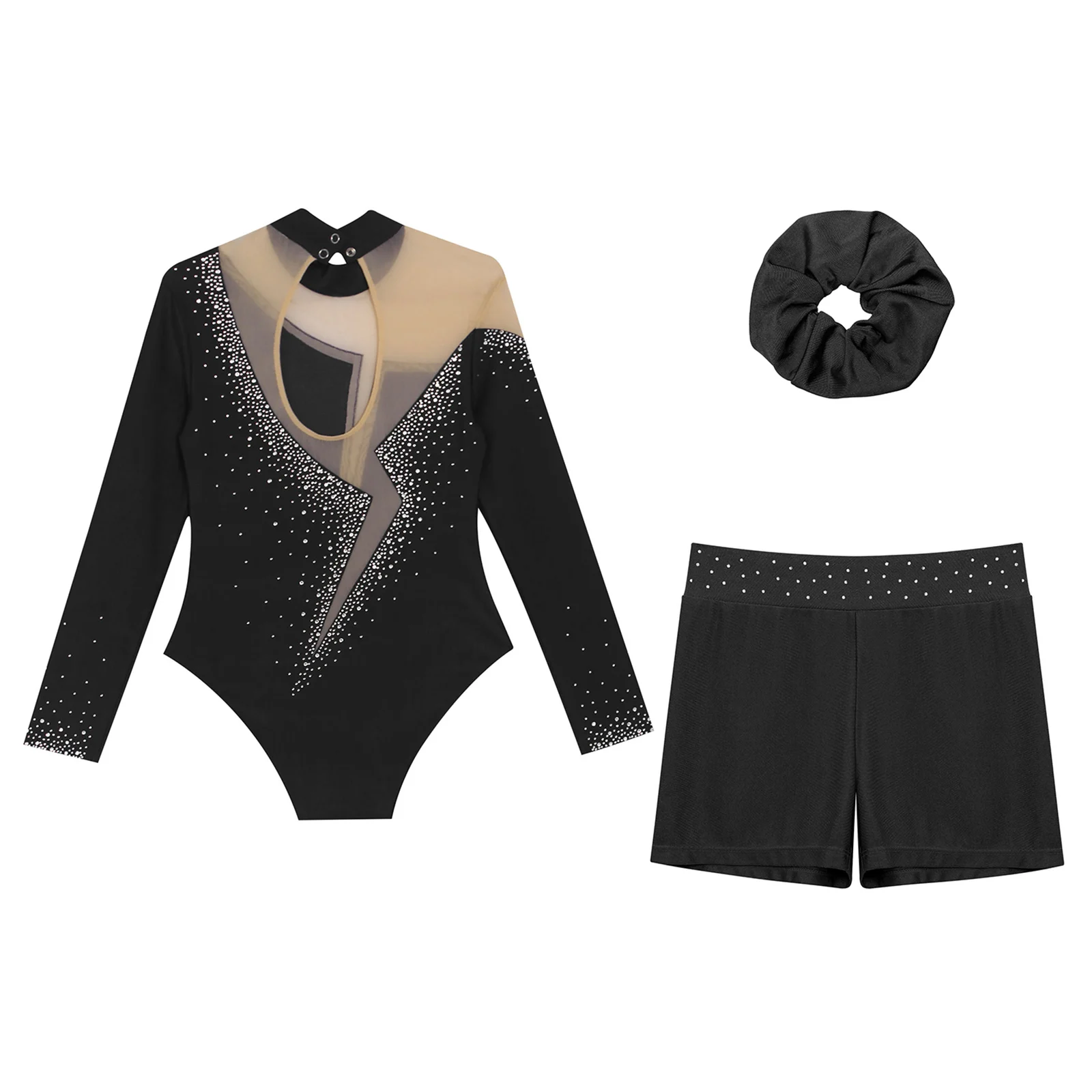 Kids Girls Ballet Dance Leotard With Body Shorts Hair Band Long Sleeve Workout