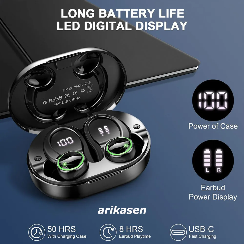 Headphones Bluetooth 5.3 Wireless Bass Stereo Over Ear Earbuds ENC Noise Cancelling Mic With Earhooks 48H Playback LED Display_voghion.com