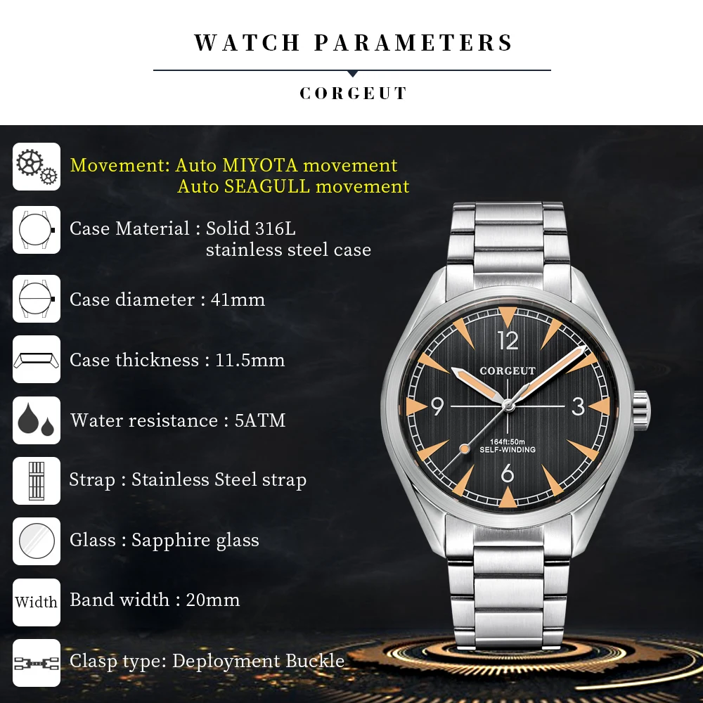Nen 41mm Corgeut Men's Watch NH35 ST1612 Miyota8215 Automatic Mechanical Sapphire Glass Stainless Steel Strap