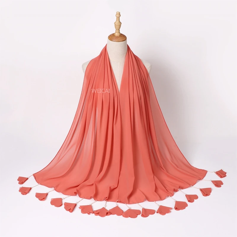 5PCS Wholesale Muslim Womens Hijabs Fashion Elegance Chiffon Shawl Gorgeous Tassel Headscarf Islamic Costume Festival Scarf 678