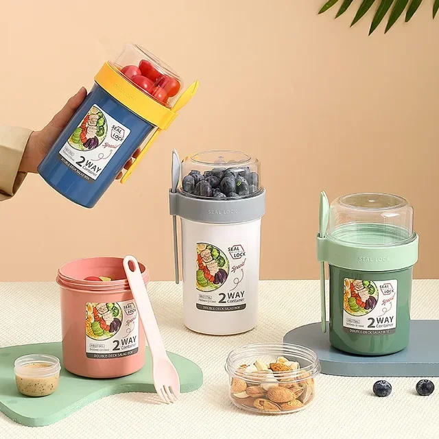 Tasse à salade d'avoine de 790ml/990ml, Double tasse pour petit déjeuner, céréales, noix, yaourt, ensemble de récipients avec support pour pansement, fourchette, préparation des repas 3
