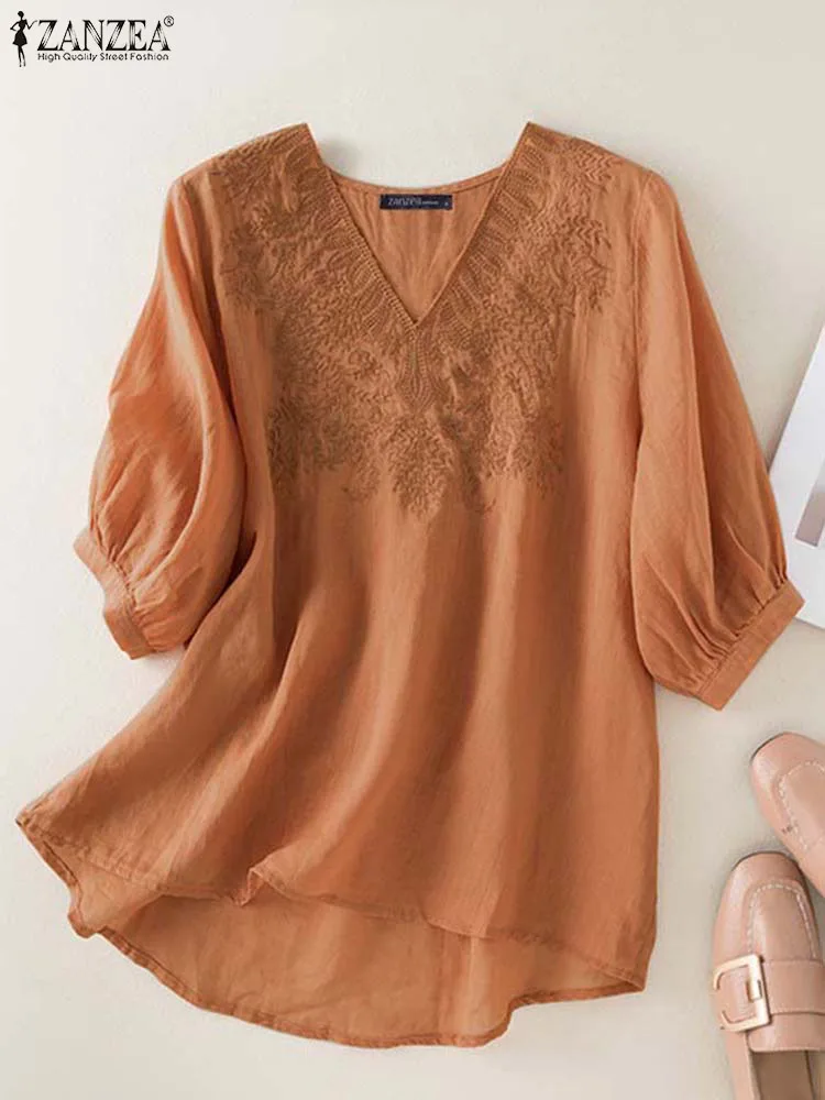 

2023 Summer Embroidery Stitching Tunic ZANZEA Women Casual Blouse Fashion Solid V-neck Tops Oversize Half Sleeve Shirts Femme