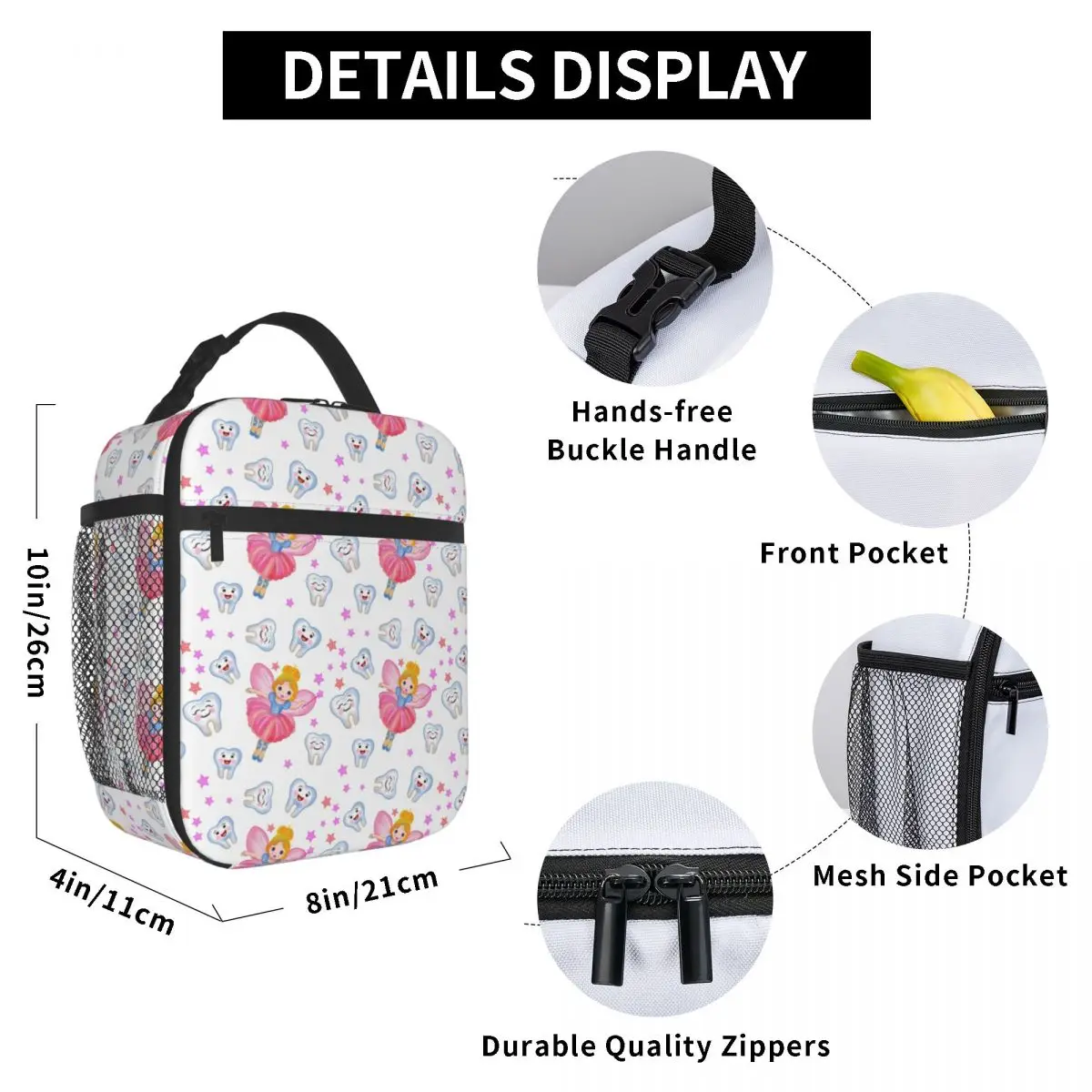 Tooth Fairy Dentist Cartoon Thermal Insulated Lunch Bag Happy Teeth Magic Stars White Pattern Lunch Container Storage Food Box