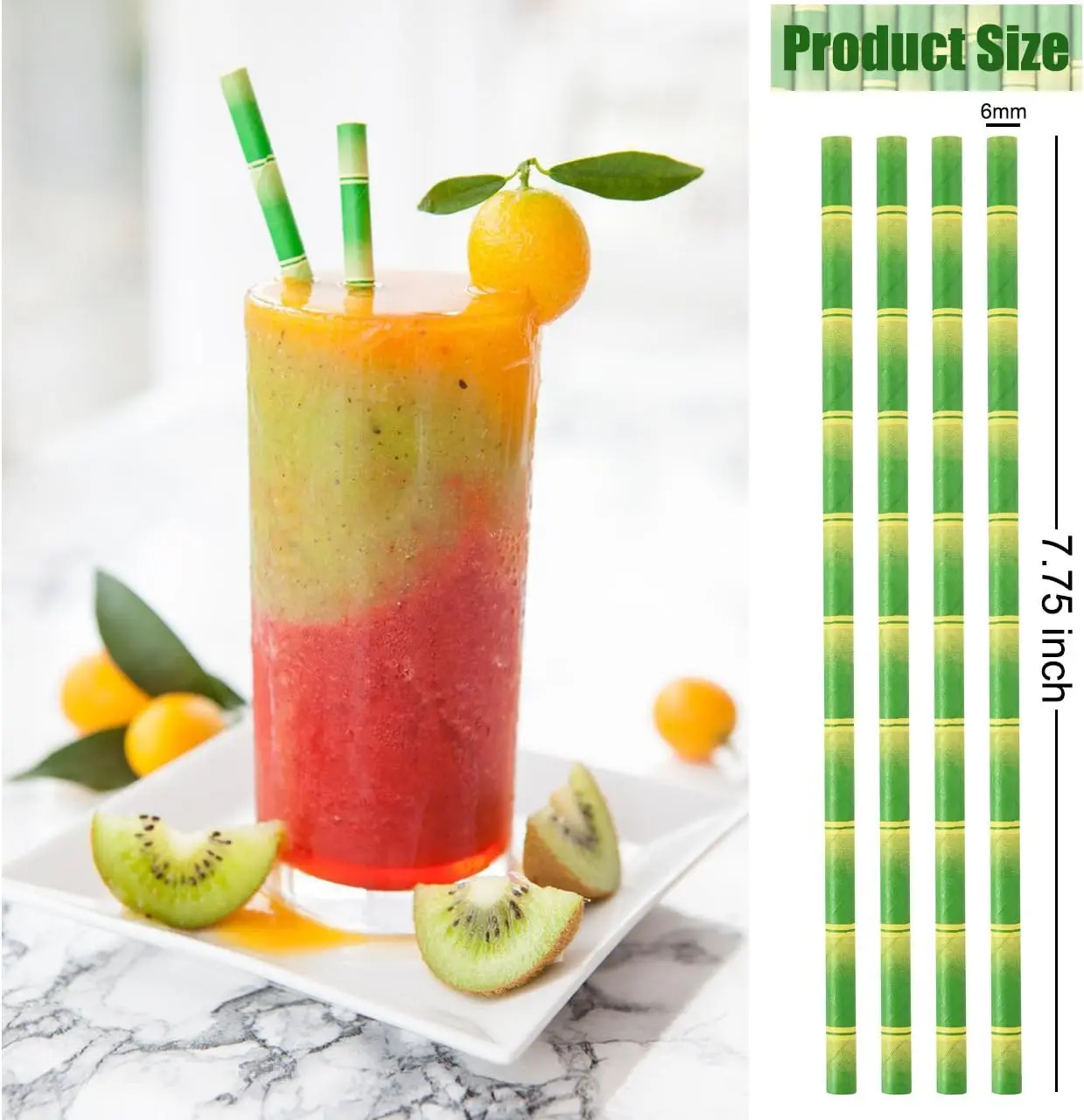 Paper Straws 12mm*190mm White 100p+6*197mm Green Bamboo 200p Disposable Party Drinking Straws for Juices Shakes and Smoothies