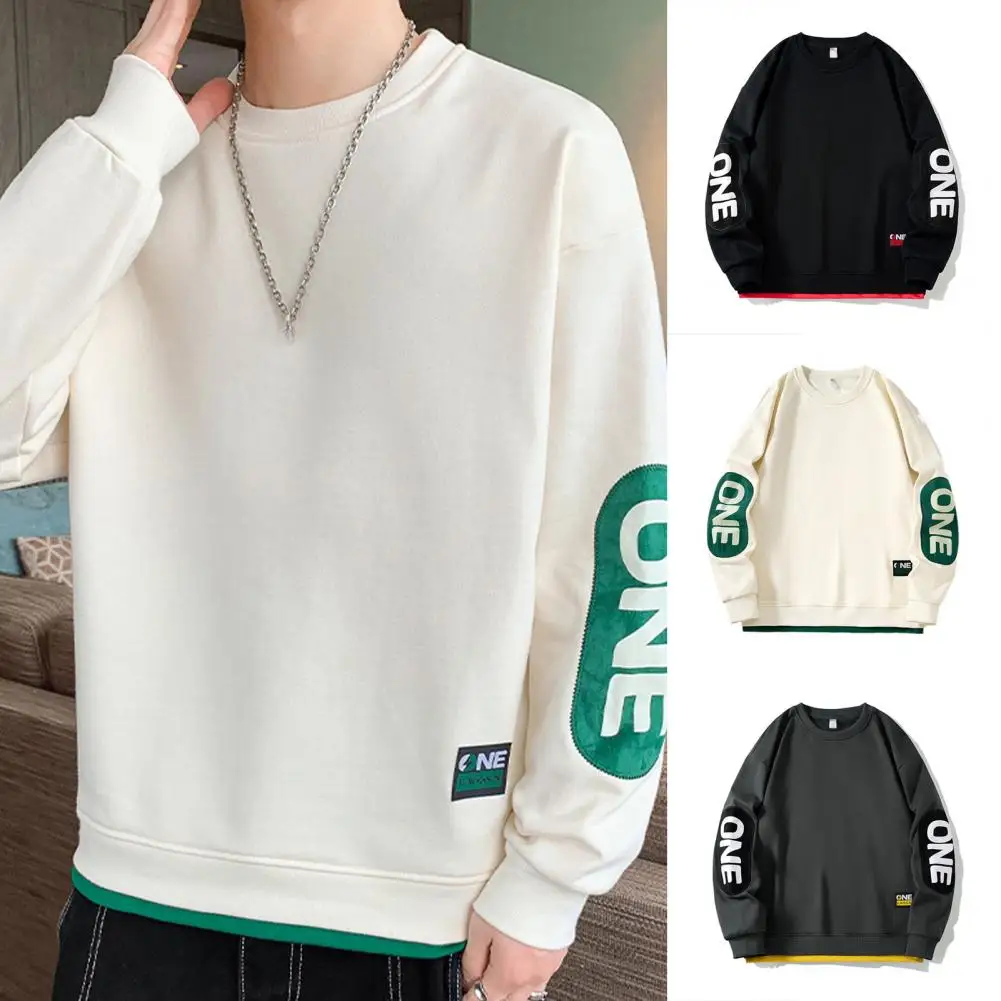 

Мягкий пуловер, свитшот, Мужская толстовка в стиле пэчворк с буквенным принтом и эластичными манжетами, толстый теплый повседневный свитшот с длинным рукавом для осени