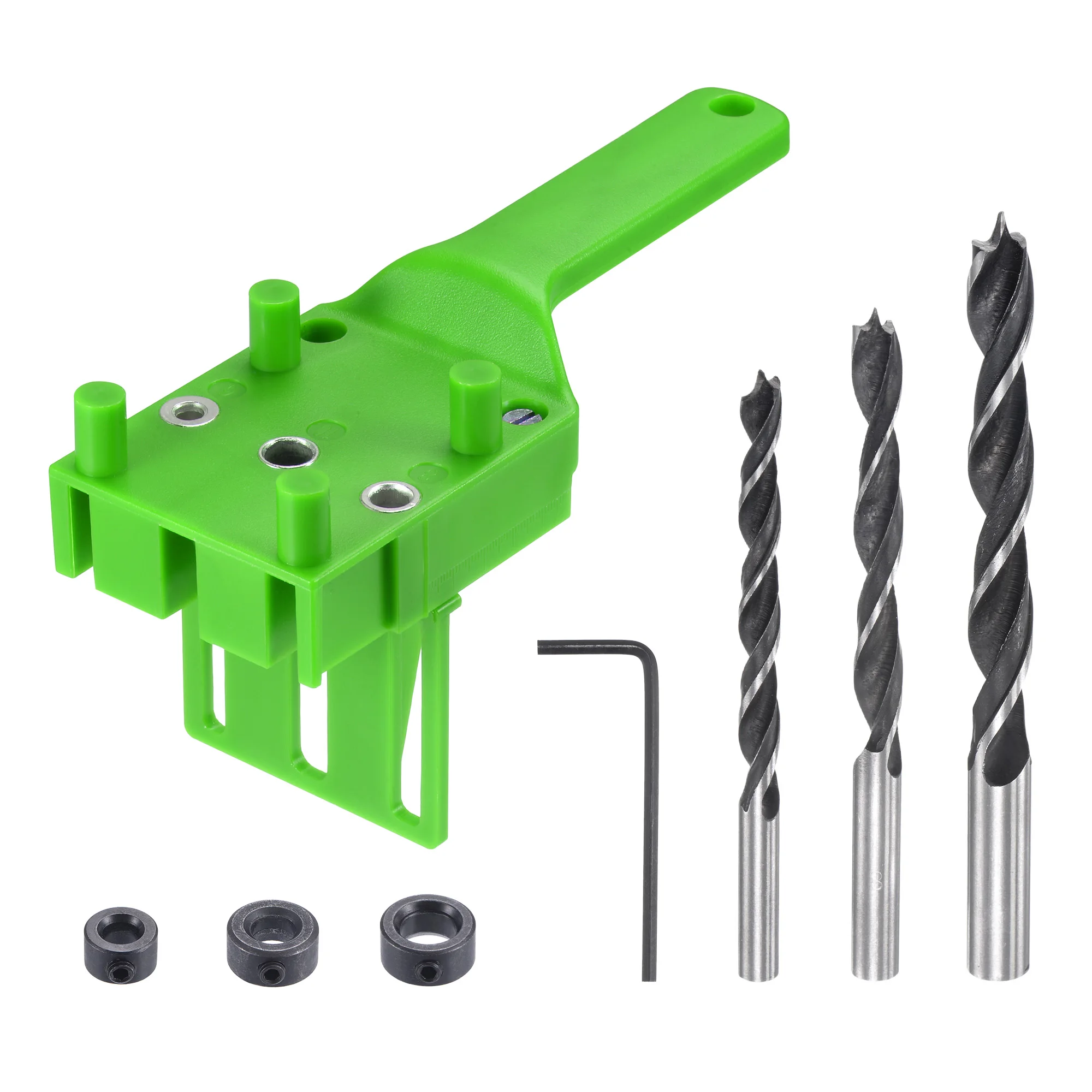 

Uxcell Handheld Wood Doweling Jig Guide Set, 6mm 8mm 10mm Wood Drill Bit, Drill Stop with Wrench, Green 8in1 Set