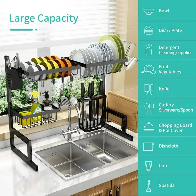 BOOSINY Over Sink Dish Drying Rack, Adjustable (25.6-35.5) 3 Tier Large  Dish Rack Drainer for Kitchen Storage Counter 10 Hooks - AliExpress