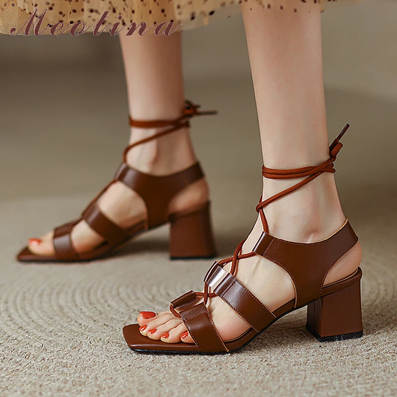

Meotina Women Shoes Genuine Leather Gladiator Sandals Super High Heel Sandals Thick Heels Lace Up Ladies Footwear Summer Brown