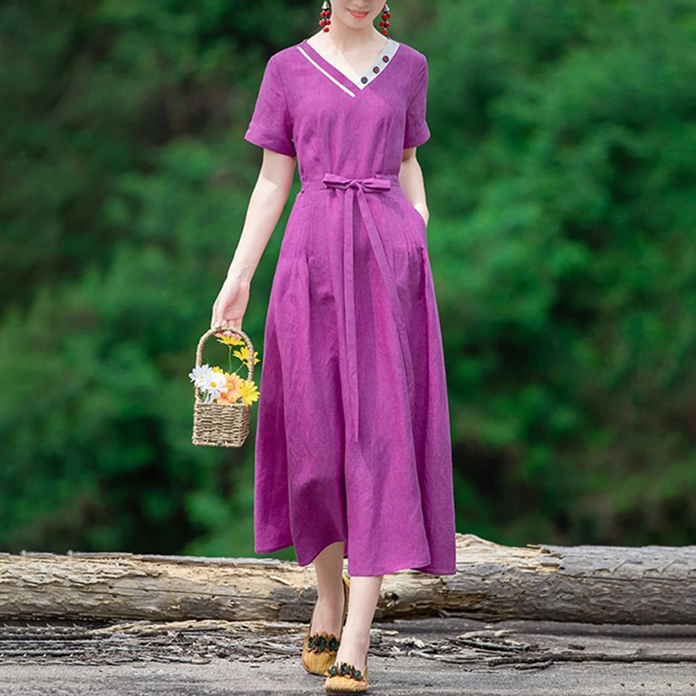 

Women Maxi Dress Summer Elegant Solid Collar V Neck Single Breasted Lace UP Nipped Waist Slim Evening Dress Streetwear