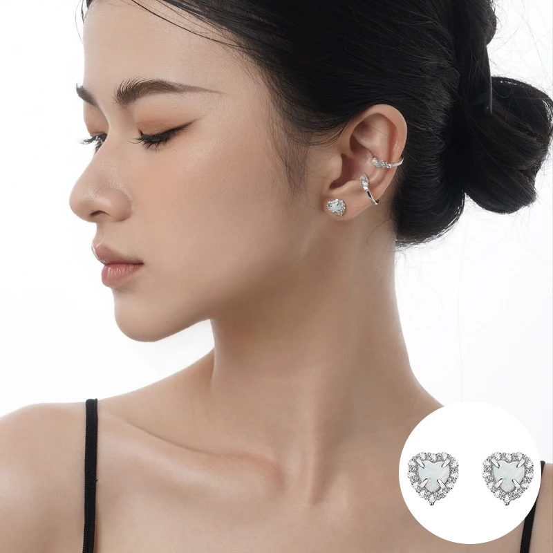 

100% 925 Sterling Silver Opal Love Heart Earrings for Women Girl Zircon Fashion Design Jewelry Birthday Gift Dropshipping
