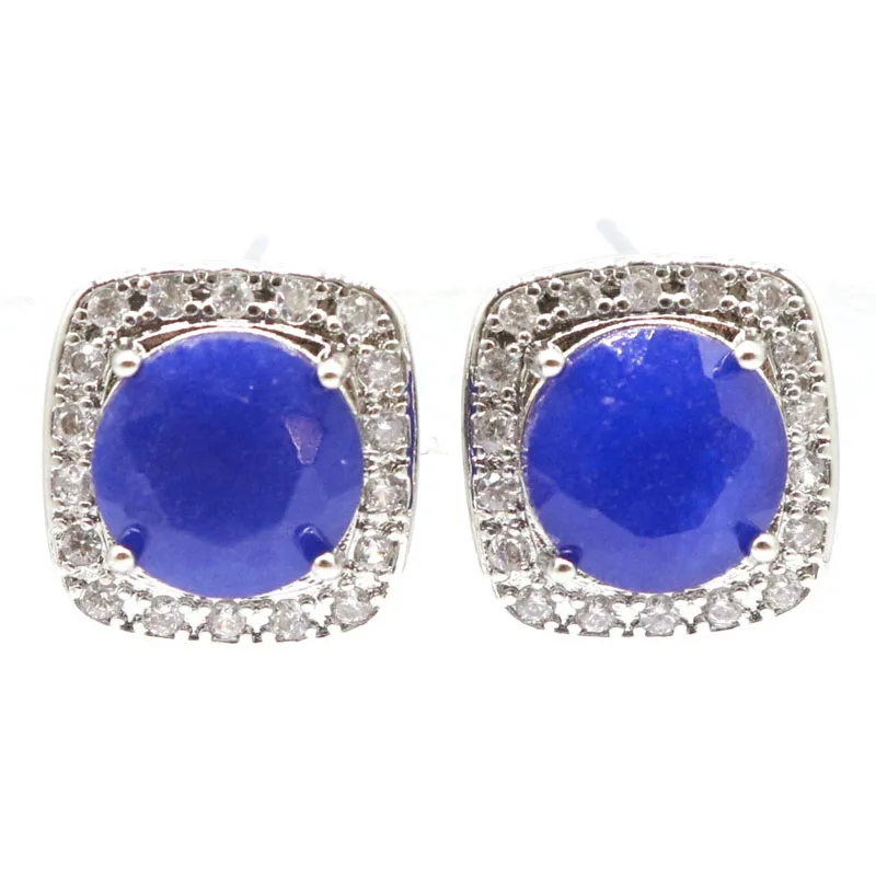 

14x14mm High Trendy Real Blue Sapphire Green Emerald Red Ruby White CZ Women Engagement Silver Earrings