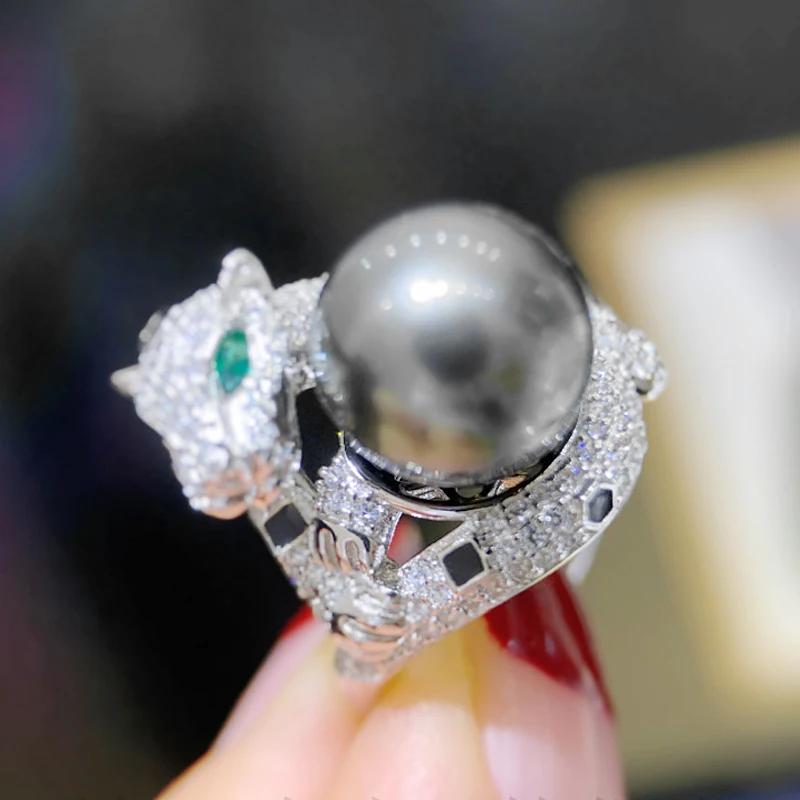 

MeiBaPJ Luxurious 11-12mm Big Natural Black Semiround Pearl Fashion Leopard Ring 925 Silver Fine Wedding Jewelry for Women