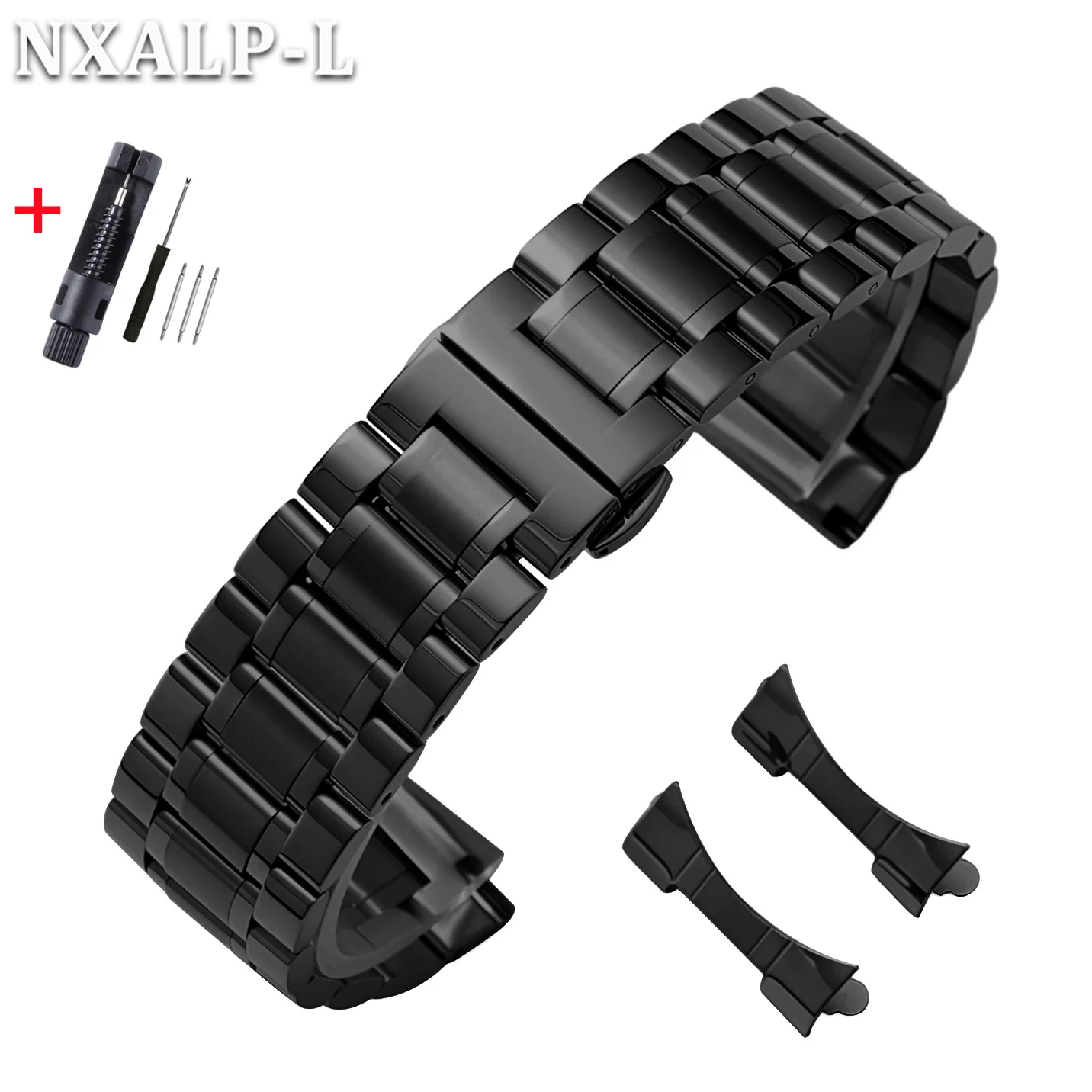 Elegant Curved End Stainless Steel Watch Band with Butterfly Clasp