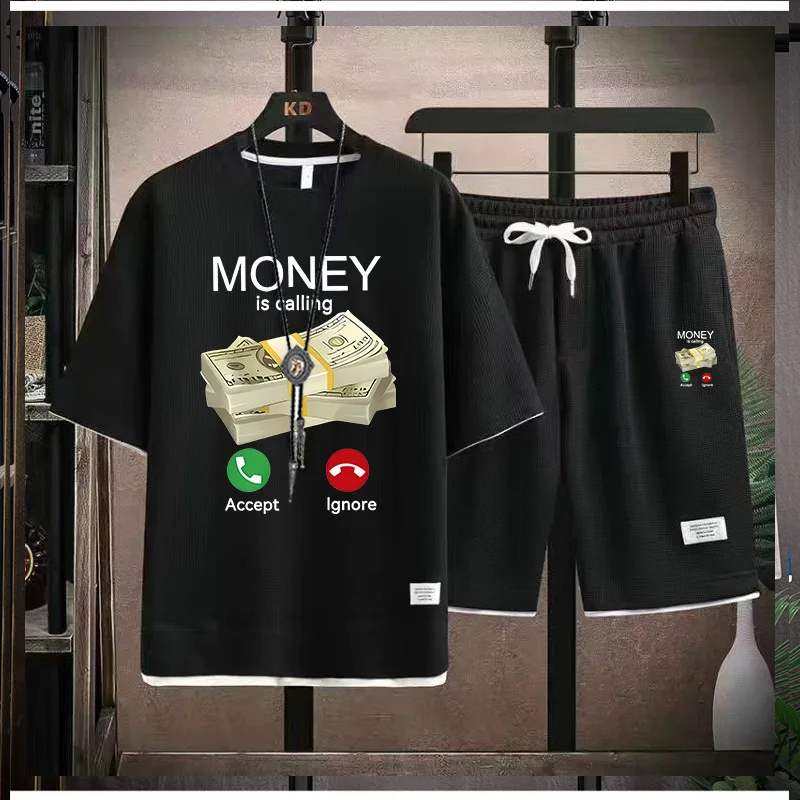 

2023 New Summer Men's Fashion Fashion Fashion Brand Casual Sports Set Round Neck Loose Short sleeved Shorts Waffle Two Piece Set