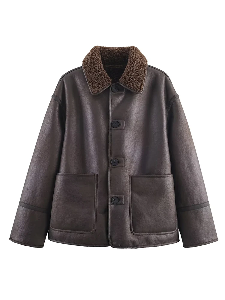 Fashion Double Sided Jacket For Women Lapel  Single Breasted Long Sleeve Pocket Short Coats Winter New Lady Warm Outerwear