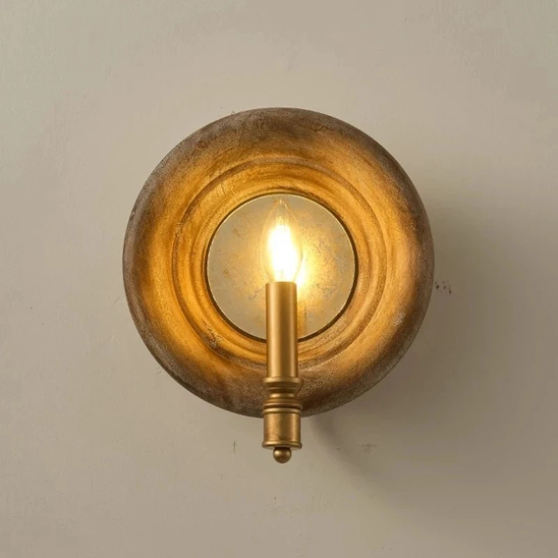 Vintage Wooden Mirror Wall Sconce French Country Candle Wall Lamp Retro Bedside Wall Light Bedroom Hallway Entryway Decor