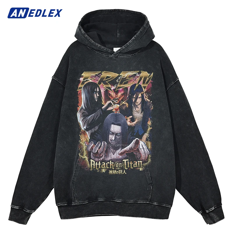 

Мужская винтажная толстовка с капюшоном, черная потертая толстовка с японским аниме принтом, зимний теплый хлопковый Свободный пуловер с капюшоном