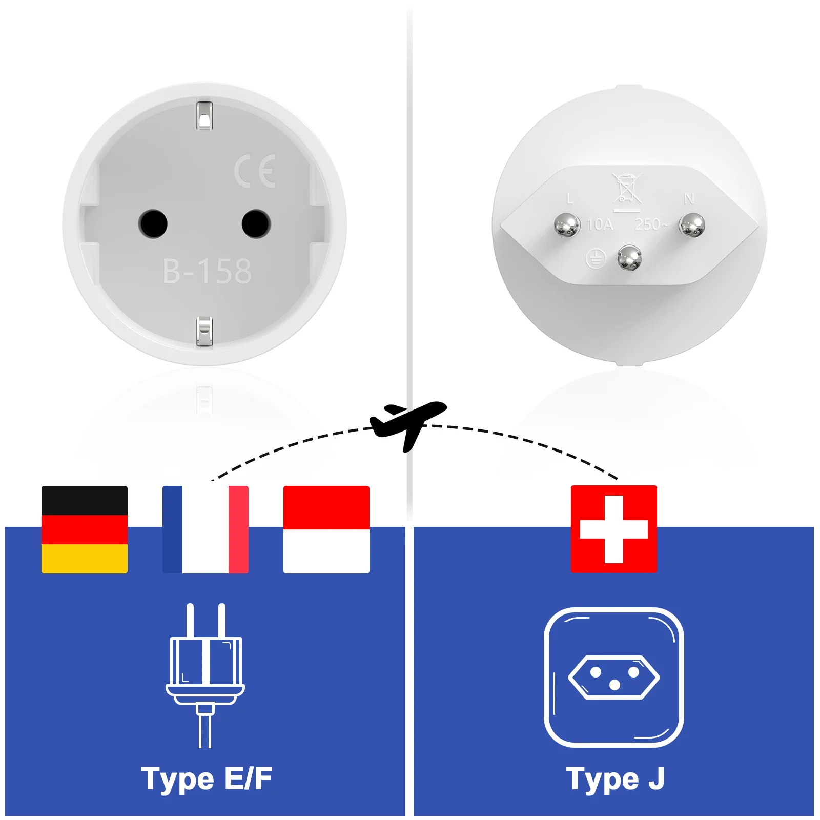 Germany EU to Switzerland Plug Adapter European to Swiss Travel Adapter Power Converter Plug 3 pin 10A Wall Charge Socket 3pcs