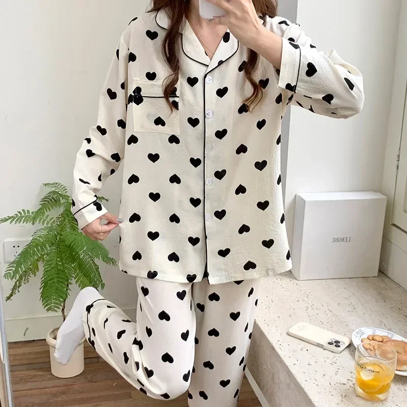 

Size Spring Autumn Sweet Outwear Thin Set Cotton Home Casual Lapel Pajamas Suit Cartoon Cardigan Bubble And Women's Small Plus