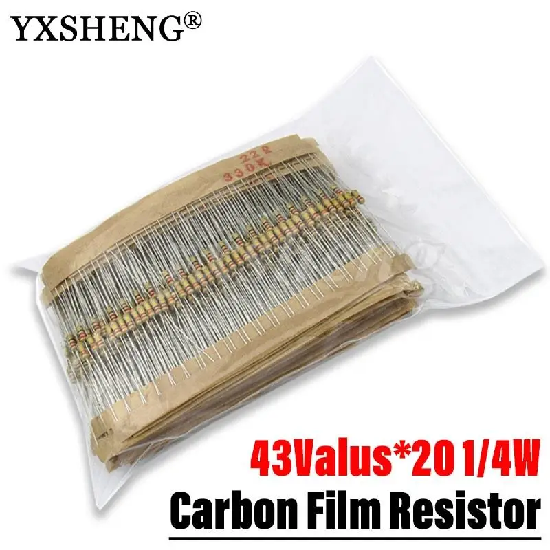 

860PCS/LOT 43Values* 20Pcs1/4W 0.25W 5% Resistor Pack Resistors Assorted Kit Set Resistance 1R - 1M Ohm Carbon Film Resistor Kit