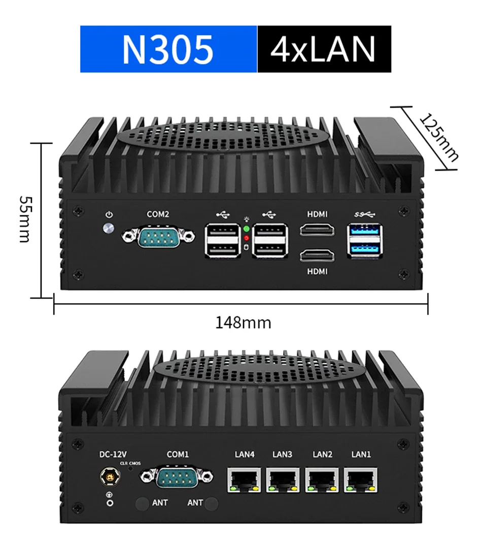 4x i226-V 2.5G Firewall Mini PC 12th Gen Intel i3 N305 N100 Soft Router DDR5 2*COM 2*HDMI Industrial Computer Efficient cooling 2