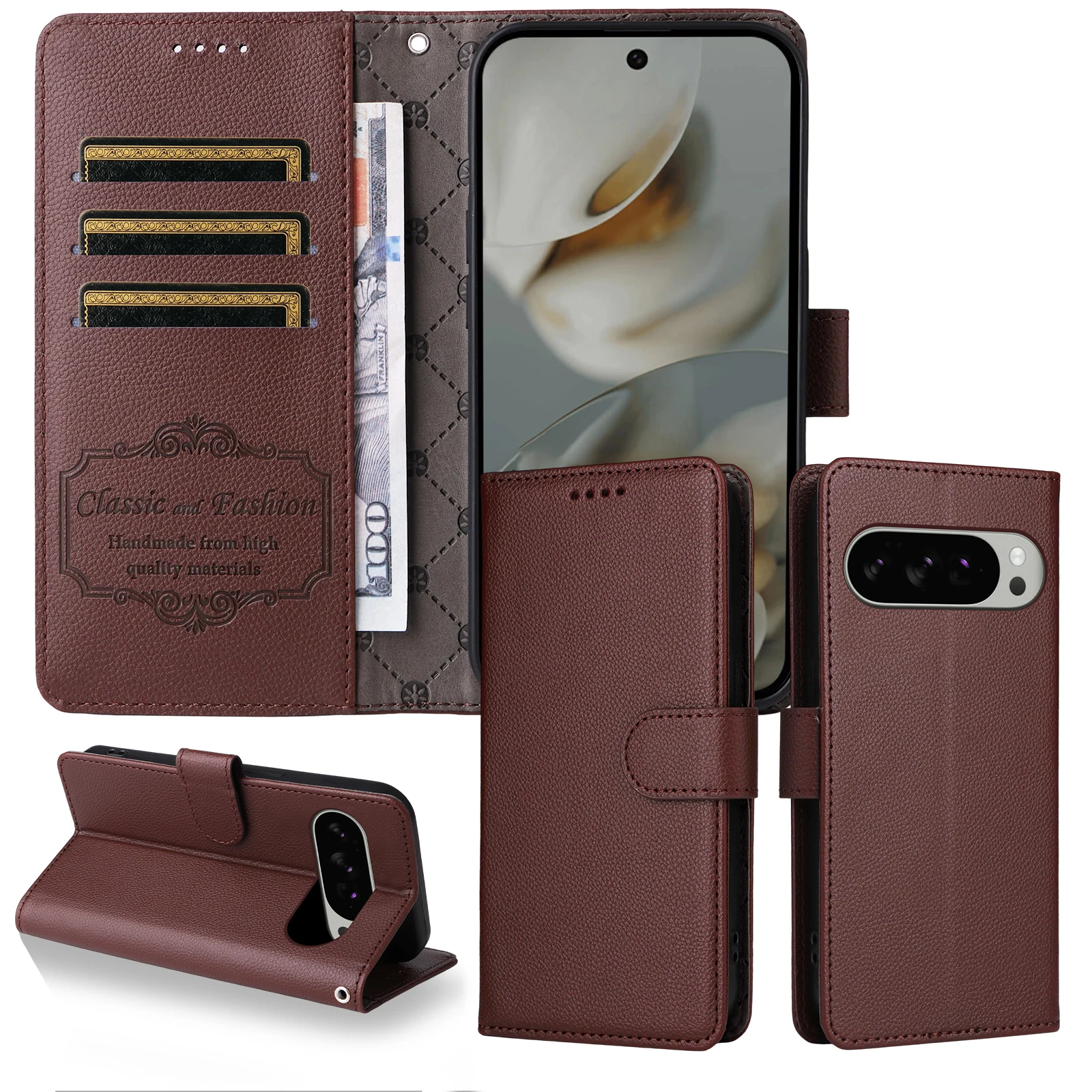 Luxury Litchi Pattern RFID Blocking Wallet Leather Case with Magnetic Flip Cover