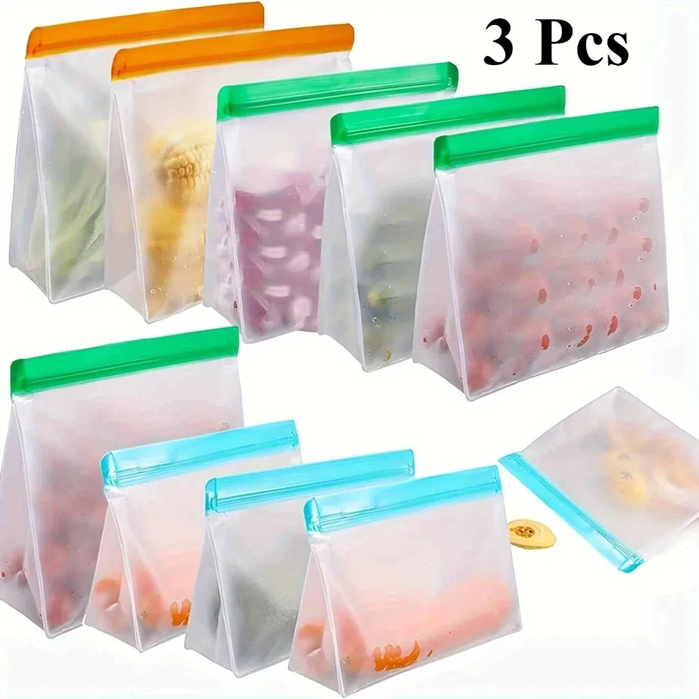 3pcs Reusable Silicone Food Pouches 3-Pack - Leakproof Freezer & Storage Bags for Travel/Home Use 1