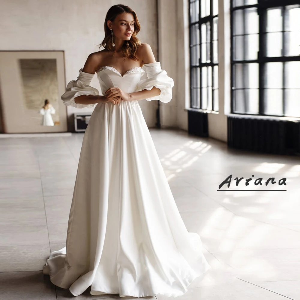 

Elegant Satin Wedding Dress For Bride 2022 Detachable Puffy Sleeves Sweetheart Neck Beading With Pearls Simple Vestido De Novia