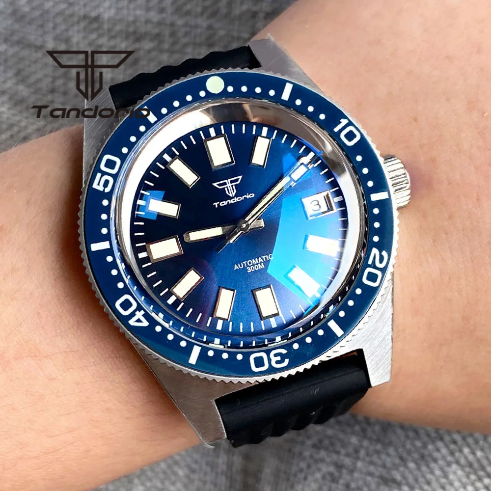 Tandorio 62MAS PT5000 NH35A 41mm 300M Automatic Diving Men Watch Domed AR Sapphire Glass Rotating Bezel Auto Date Steel Bracelet tandorio grey sunburst dial 300m 41mm automatic men s diving wristwatch pt5000 nh35a domed ar sapphire crystal rotating bezel