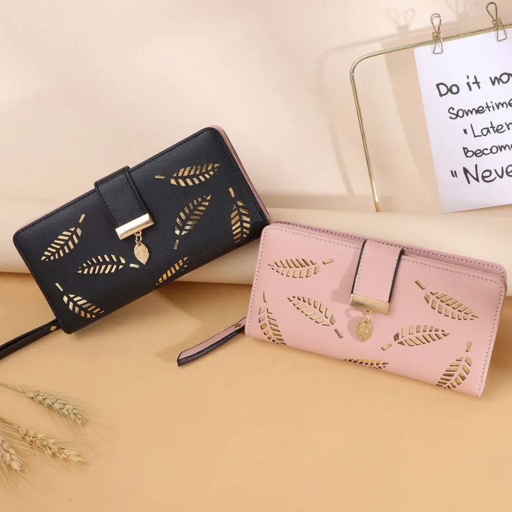 Luxury Pu Leather Women Wallets Long Hasp Fold-Over Pattern Coin Purses Hollow Leaf Zipper Buckle Solid Colors New Thin Clutch