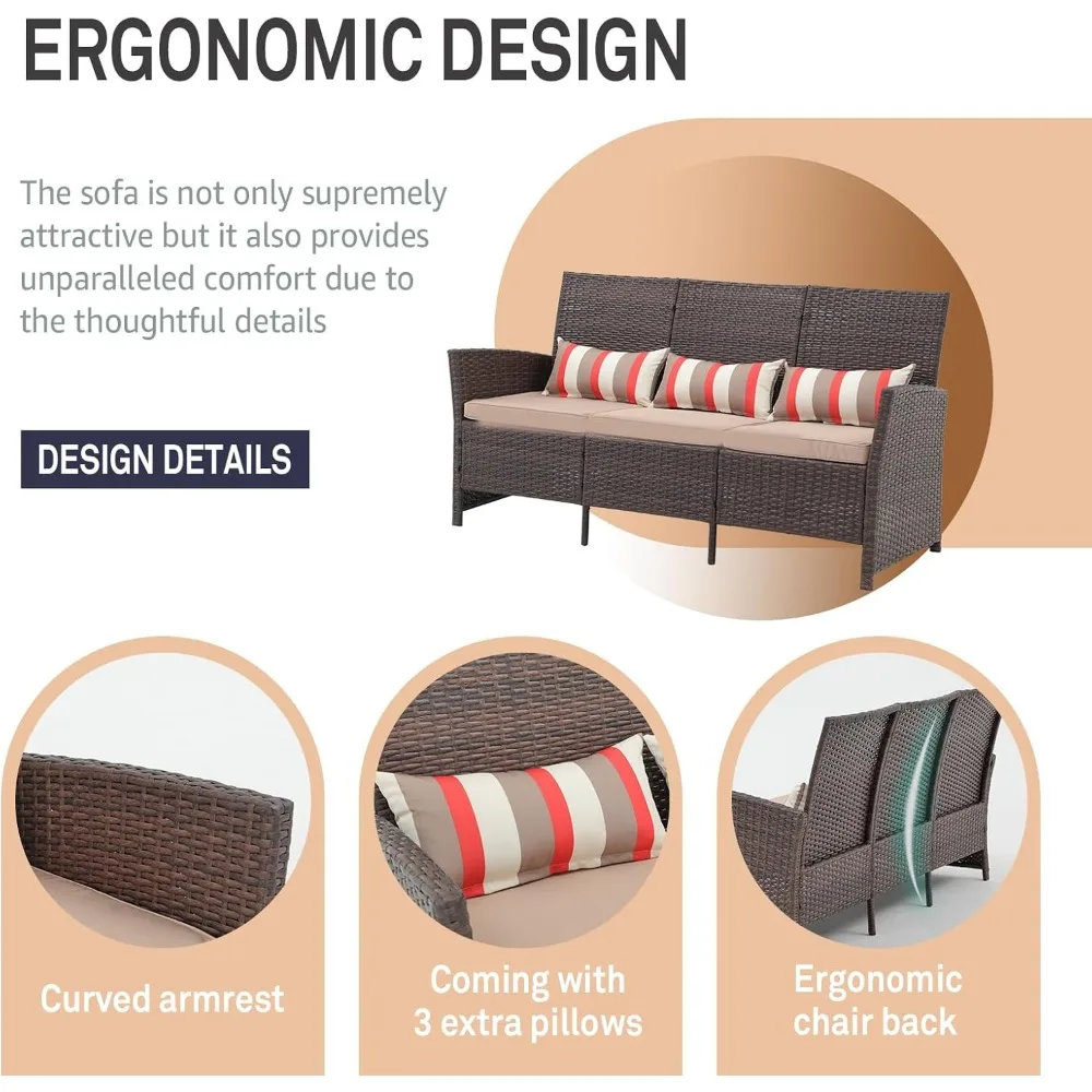 Outdoor Furniture 3 Seats Patio Couch, Outdoor Wicker Sofa, Brown PE Wicker with Beige Cushions & Lumbar Pillows, Porch, 3