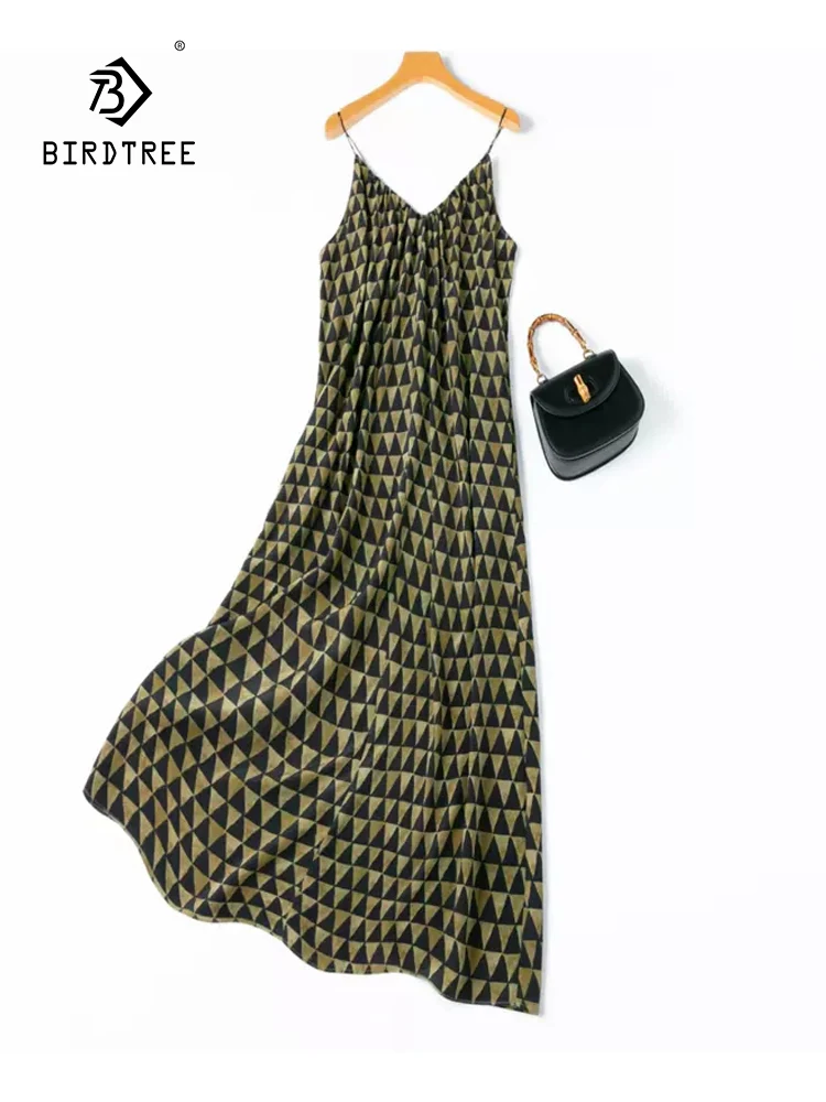 

BirdTree, 100% натуральный шелк элегантная фотография, женское платье с V-образным вырезом, тонкое пляжное платье для отпуска, лето 2024 D46511QC