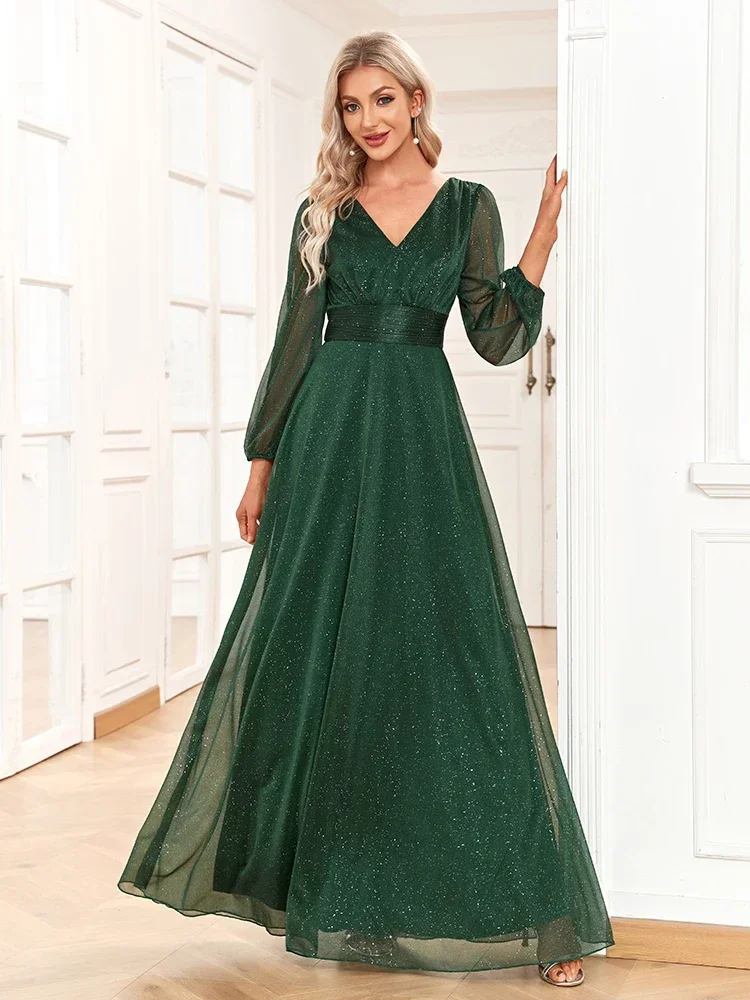 Women's Elegant New V Neck Shiny Chiffon Evening Gown A Line Long Sleeve Wedding Bridesmaid Dress Party Dresses Women Evening 5
